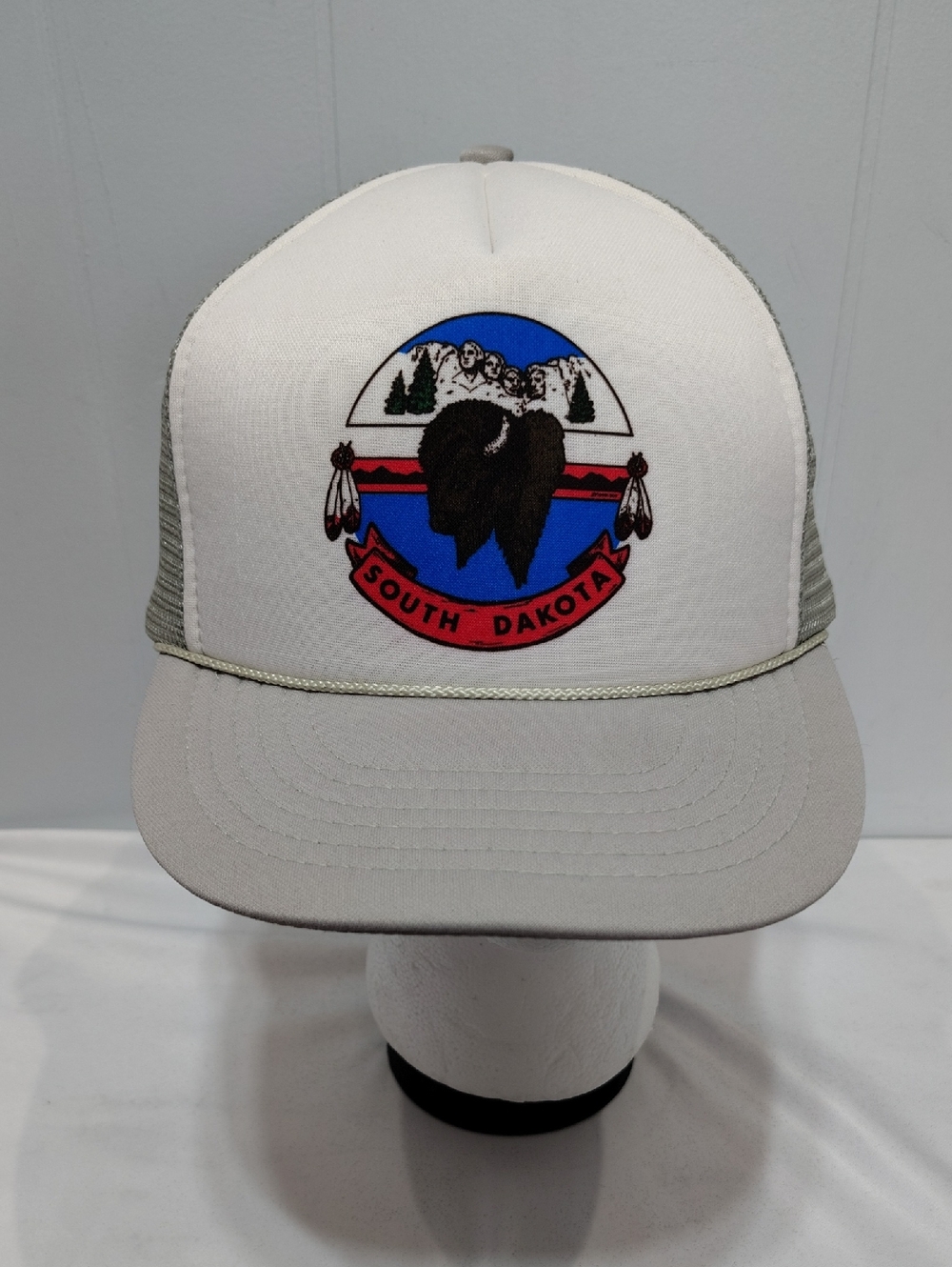 Vintage South Dakota Trucker Hat Snapback 90s Headmost USA Graphic Rope Cap Gray